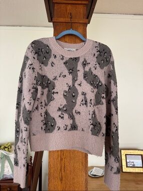 All Saints Pink Crewneck Sweater with Gray / Purple Leopard Motif